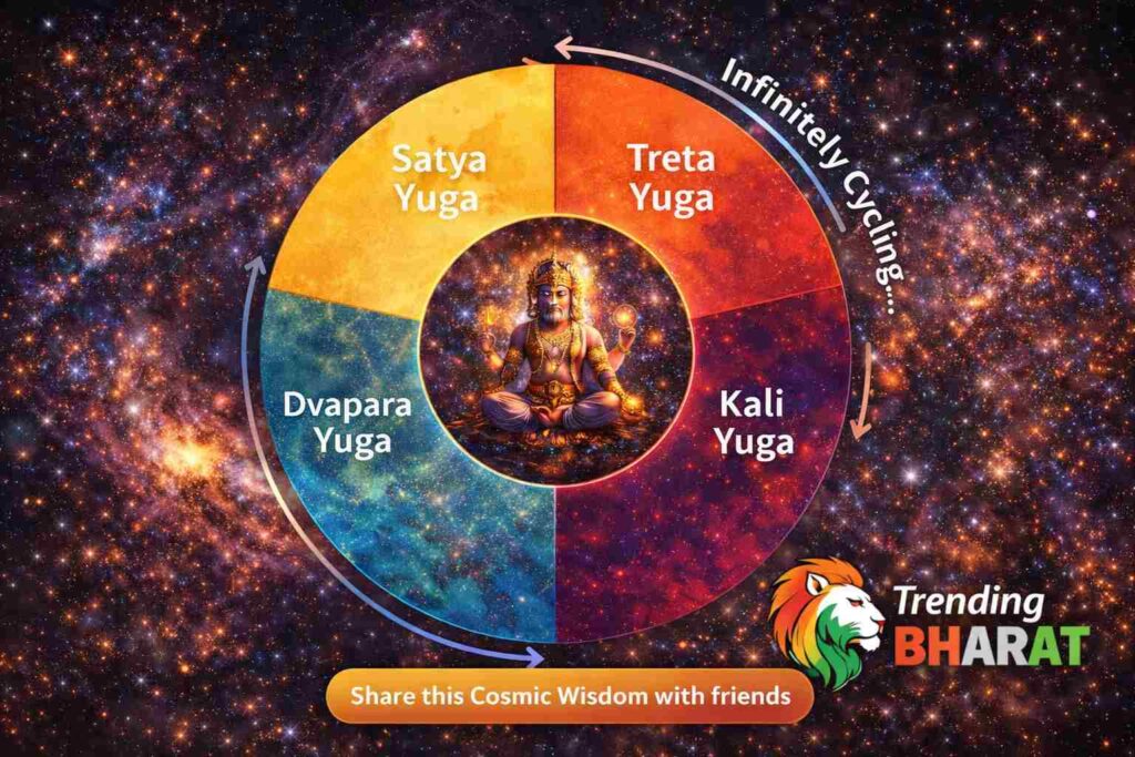Circular calendar showing the four Yugas cycling infinitely – Satya Yuga, Treta Yuga, Dvapara Yuga and Kali Yuga in a cosmic background